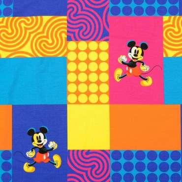 Jersey Stoffe Disney Micky Maus blau gelb rot bunt
