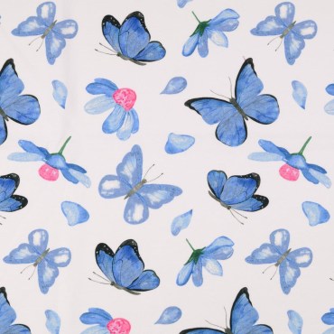 Jersey Stoffe Schmetterlinge weiß blau Burda
