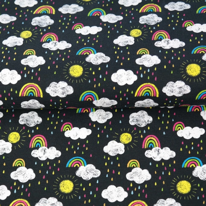 Stenzo Jersey Stoffe Regenbogen Wölkchen Bunte Tropfen Schwarz