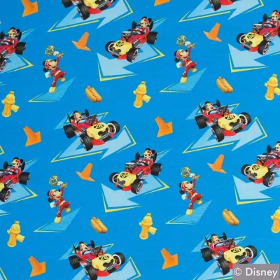 Jersey Stoff Disney Micky Rennwagen blau