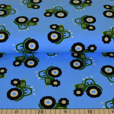 Jersey Stoffe Traktor türkis / hellblau