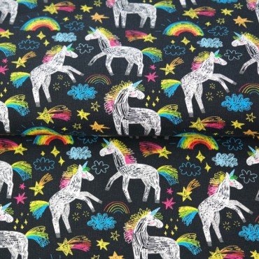 Stenzo Jersey Stoffe Regenbogen Einhorn Schwarz bunt