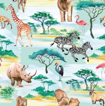 Baumwolljersey Dschungel Safari Affe Faultier Giraffe graublau gr\u00fcn gelb braun 1,5m Breite