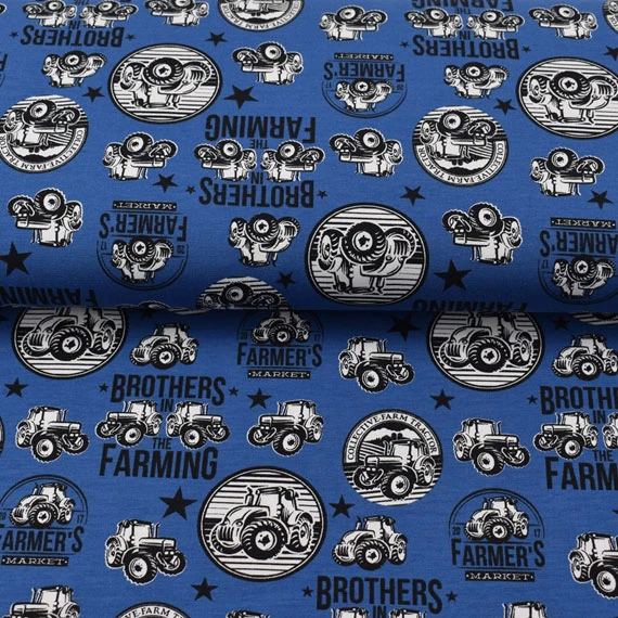 Jersey Stoffe Farming Traktoren Trecker blau
